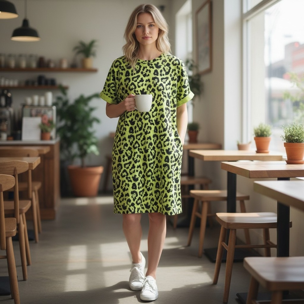 Umgee T-Shirt Dress Womens Medium Lime Green Leopard Print Neon Cuffed Sleeve